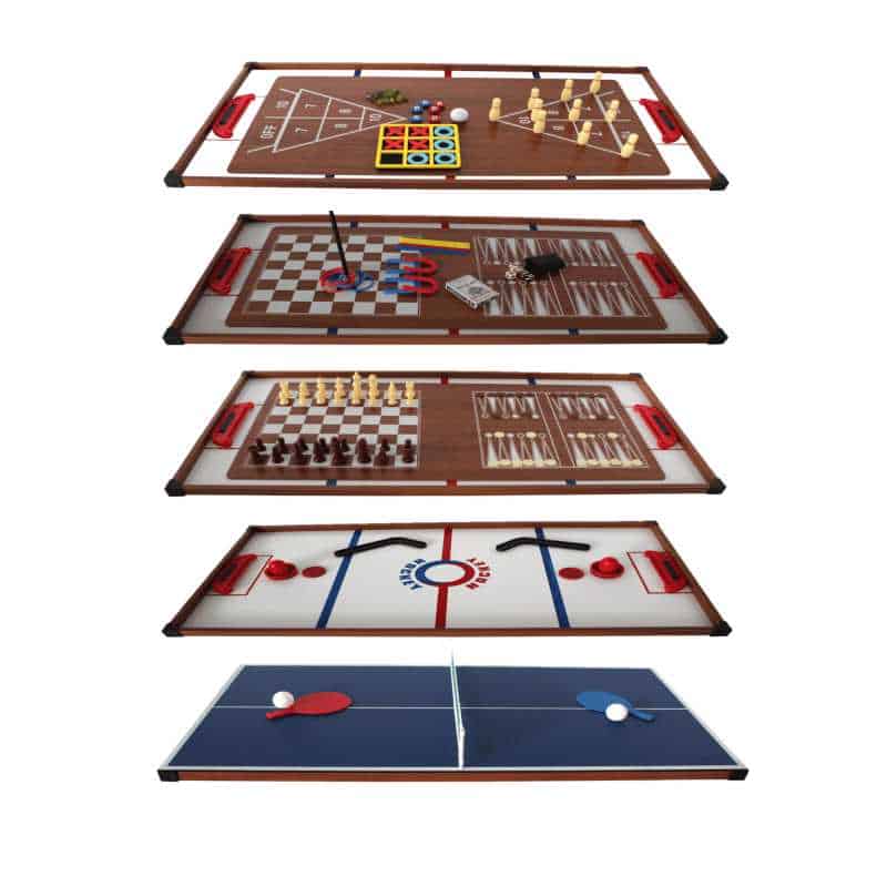Plateaux Multi-jeux, 14 jeux : Ping Pong, Air Hockey, Bowling, Echec, Mikado, Back Gammon 97 x 49 x 3 cm