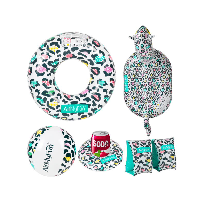 Brassards de Natation 3-6 ans + Bouée + Bouée Chevauchable + Porte Boisson + Ballon gonflable - Pack Famille Léopard