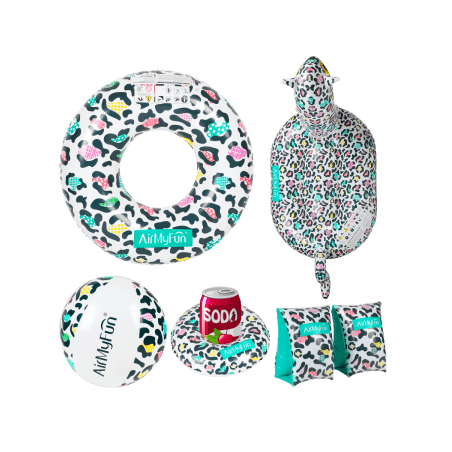 Brassards de Natation 3-6 ans + Bouée + Bouée Chevauchable + Porte Boisson + Ballon gonflable - Pack Famille Léopard Brassards de Natation 3-6 ans + Bouée + Bouée Chevauchable + Porte Boisson + Ballon gonflable - Pack Famille Léopard