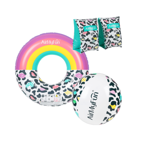 Brassards de Natation 3-6 ans + Bouée Gonflable ø120cm + Ballon gonflable ø28cm - Pack Jeunesse Leopard